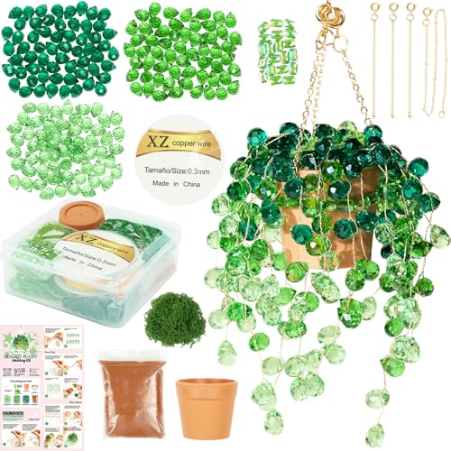 Deinduser Beaded Plant Kit, DIY Hanging Suncatcher Craft Kit with Glass Crystal Beads, Pot, Chain, Faux Moss, Air Dry Clay, Instruction Booklet & Video Tutorial, Tabletop or Window Decor Gift - color: Green