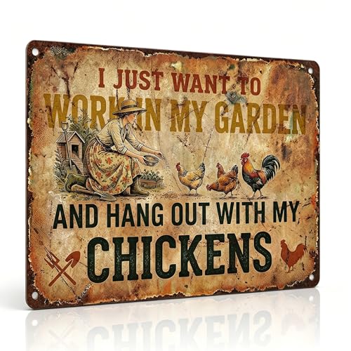 Funny Garden Metal Signs, Vintage Outdoor Wall Decor 12x8 Inch | Work in My Garden With Chickens, Weatherproof Aluminum Sign for Patio Yard Greenhouse, Gift For Gardeners - color: Garden & Chickens