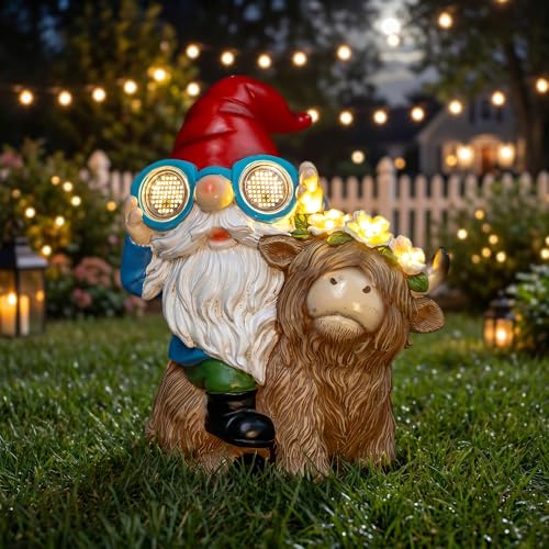 ZQQLITE Solar Garden Gnome Statue Sitting Highland Cow Figurine Flower Wreath, Rotating Eyes, LED Lights, Outdoor Telescope Weatherproof, Yard Art Decor - color: Highland Cow-gnome