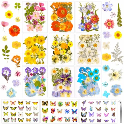 Evatage 284 Pcs Dried Pressed Flowers & Butterfly Stickers for Resin Crafts | Real Natural Dry Wildflowers Leaves for Resin Jewelry Molds, Candle, Soap, Scrapbook, Bookmark, Frame, Card Making - color: 284 Pcs Pressed Flowers Butterfly Stickers