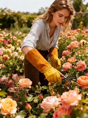 Gardens Leather Gardening Gloves for Women and Men | Thorn and Cut Proof Garden Work Gloves with Long Heavy Duty Gauntlet | Suitable For Thorny Bushes Cacti Rose (Large, Yellow) - size: Large (Pack of 1)