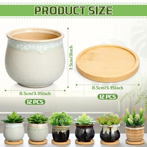 12 Pcs Ceramic Succulent Pots with Drainage 3.5 Inch Bamboo Tray | Mini Planters for Indoor Plants, Ceramic Pots Bulk for Home Office Desk, Glazed Finish with Drainage Hole, Bamboo Coaster - size: 3.5 Inch