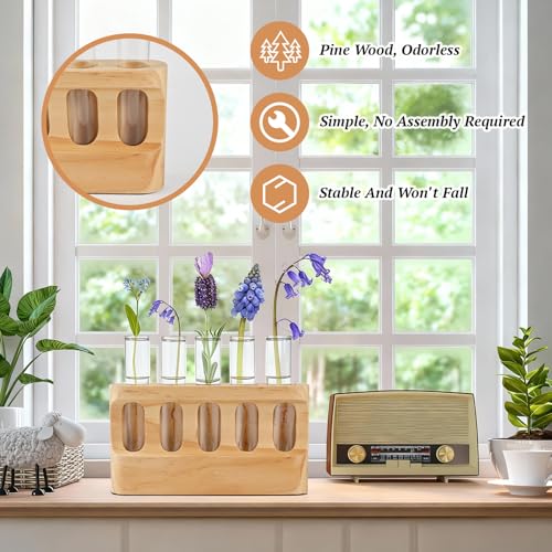 Tigvio Plant Propagation Station with 9-Level Dimmable LED Light | 5 Glass Test Tube Vases, Wooden Stand for Hydroponic Plants, Gardening Gift for Women & Plant Lovers & Home Decor