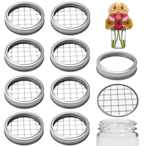 8 Sets Mason Jar Flower Frog Lids, Wide Mouth 86mm Metal Grid Insert, Floral Arrangement Organizer for Canning Jars, Square Hole Flower Holder Lid Accessories - size: 86mm