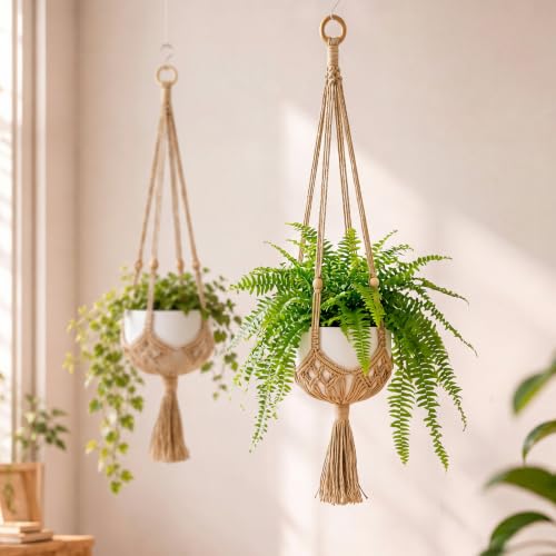 Shappy 2 Pack Boho Macrame Plant Hanger for Indoor | Large Hanging Planter Plant Holder Pot Hanger Hanging Basket Wall Planters, Plants Lover Gift for Indoor Garden - color: Jute Color, size: Style E