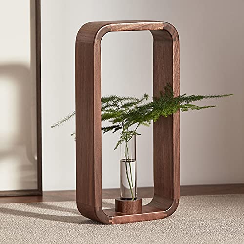 Transprent Glass Vase Test Tube Hydrophilic Plants Holder Walnut Wooden Frame Flower Stand Table Garden Bonsai Decor,Gifts for Women, Home Office Decor Planter (Big) - size: Large