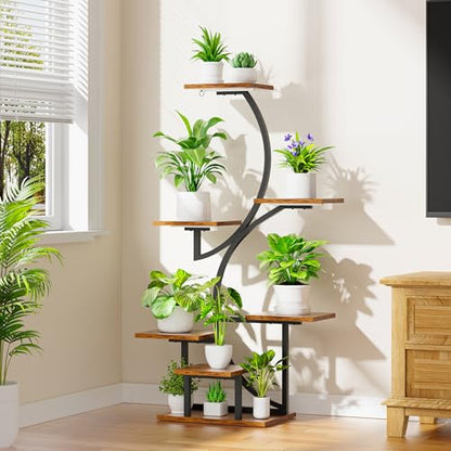 BACEKOLL Plant Stand with Grow Lights 7 Tier 44" S-Shaped Plant Shelf Black | 7-tier 44" S-shaped corner plant stand, 6 pot stands + 1 hanging area, full-spectrum grow light, sturdy iron, for living room