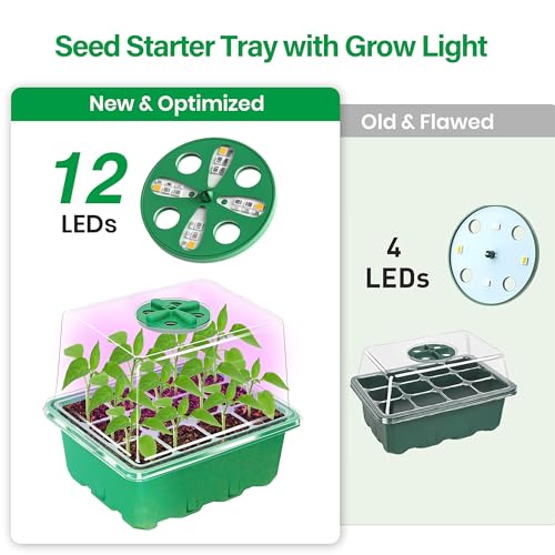 Bonviee Seed Starter Trays with 12-LED Grow Lights, Green, 5 Pack | 5 Seed Starter Kits, 60 Cells, 12-LED Grow Light per Tray, Vented Humidity Domes, Drainage Holes, 1-to-5 USB Cable - color: Green, size: 5 Packs, with Light