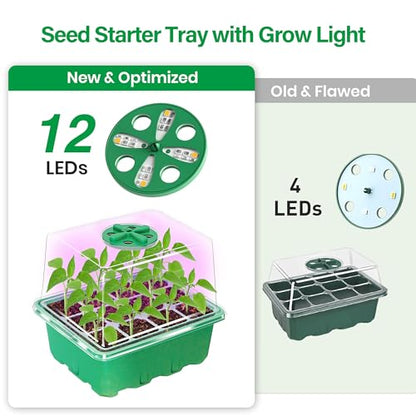 Bonviee Seed Starter Trays with 12-LED Grow Lights, Green, 5 Pack | 5 Seed Starter Kits, 60 Cells, 12-LED Grow Light per Tray, Vented Humidity Domes, Drainage Holes, 1-to-5 USB Cable - color: Green, size: 5 Packs, with Light