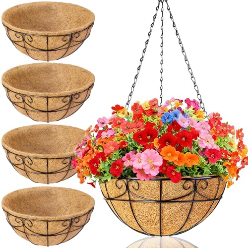 4 Pack 12 Inch Hanging Baskets for Plants Outdoor - Metal Hanging Planters for Outdoor Plants with Coco Liners - Heavy Duty Empty Hanging Flower Pots for Porch Patio Garden - size: 12 Inch