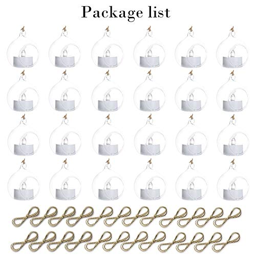 Sziqiqi Hanging Glass Globes Orbs Tea Light Candle Holders with Flameless LED Tealight for Wedding Ornaments, Wedding Birthday Christmas Party Centerpiece Accessory 2.36inch 20pcs +4 Extra | Glass Ball Fillable with Trinkets, for Wedding Ornament, Christm