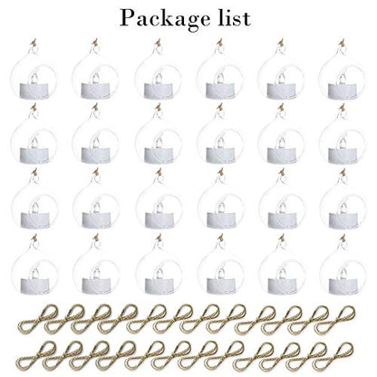 Sziqiqi Hanging Glass Globes Orbs Tea Light Candle Holders with Flameless LED Tealight for Wedding Ornaments, Wedding Birthday Christmas Party Centerpiece Accessory 2.36inch 20pcs +4 Extra | Glass Ball Fillable with Trinkets, for Wedding Ornament, Christm