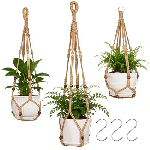 YIBOT Macrame Plant Hangers Hanging Planters for Indoor Plants Brown - color: Brown Wooden Beads, size: 35+29+23Inch