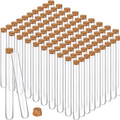 Thyle 100PCS Glass Test Tubes with Cork Clear Stoppers Round Bottom Lab Test Alcohol Tampons Glass Tubes Container Vials for Plants Scientific Experiments Candy Storage Party Favors (20x200mm/44ml) - size: 20x200mm/44ml