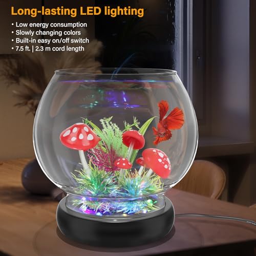hygger 0.5 Gallon/1 Gallon Glass Fish Bowl with LED Light and Decor, Small Round Betta Fish Tank Goldfish Bowl, Round Clear Unbreakable Aquarium/Vase/Hydroponic Plant Terrarium, Nice Centerpieces - size: 0.5 Gallon Fish Bowl with Mashroom