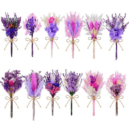 12/24 PCS Charming Dried Flowers Bouquet for Vase Various Dried Wildflowers with Stems Mini Handmade Wildflowers Natural Real Flowers Bulk Flowers Craft (Purple Series, 12 PCS) - color: Purple Series