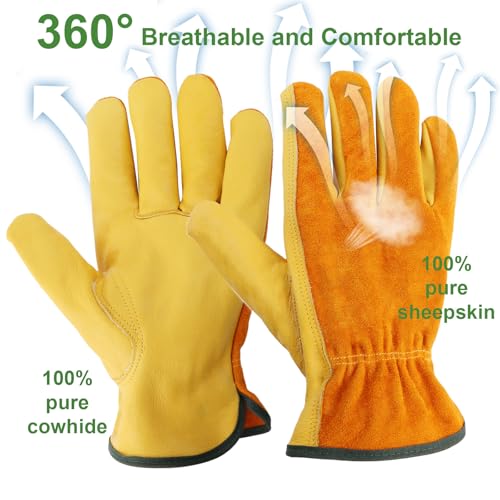 Leather Work Garden Gloves for Men & Women，Safety Work Gloves for Gardening, Welding, Construction, Farm, Ranch, etc. Thorn Proof , Planting,Heavy Duty，Roses Pruning Gardening Working Gloves, Gifts M - size: Y-M