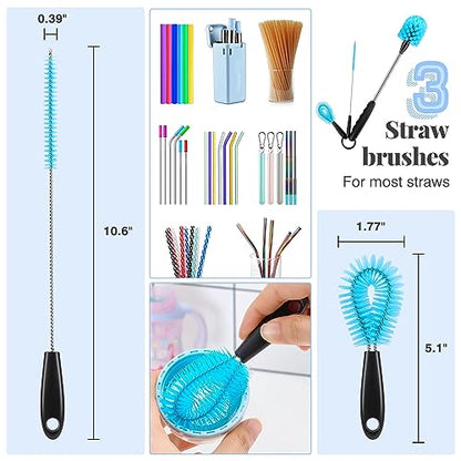 UNIFUN Water Bottle Brush Set, Long Handle 3-in-1 Stainless Steel Water Bottle Scrubbing Brush, Cleaning for Narrow Neck Bottles, Sport Bottles, Baby Bottles, Coffee Mugs, Tumblers, Flask
