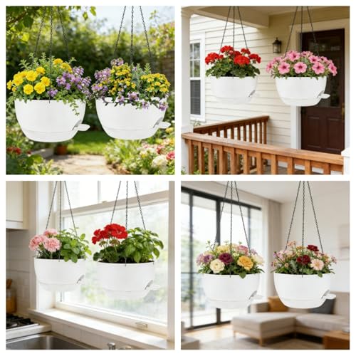 12" Self Watering Hanging Planters with Chains, White, 2 Pack - color: White, size: 2 pack 12 inches