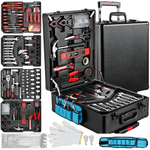 Arcwares 799pcs Aluminum Trolley Case Tool Set Silver, House Repair Kit Set, Household Hand Tool Set, with Tool Belt,Gift on Father's Day (Black) - color: Black