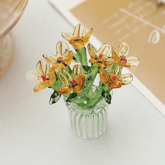 8PCS Cute Mini Glass Flowers and Vase Decoration Hand-Blown Glass Daisy Flower Bouquet Mini Vase Set for Home Party DIY Crafts Wedding Mother’s Day Birthday Gift (Light Brown) - color: Light Brown