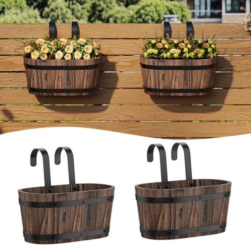 Railing Planters for Outdoor Plants Balcony Hanging Flower Pots with Detachable Hooks, Window Flower Box Hanging Bucket Pots Fence Planters for Garden Home Decor (Carbonized-2pack, Small) - color: Carbonized-2pack, size: Small