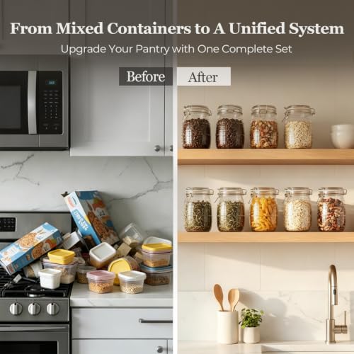 ComSaf Glass Pantry Jars with Airtight Lids 34 oz 6 Pack Wide Mouth Hobnail | Coffee beans sugar, Snacks pasta, Pickling fermenting, Pantry organization, Clear body, Countertop storage, Dry goods - size: 34 fl oz/6pcs