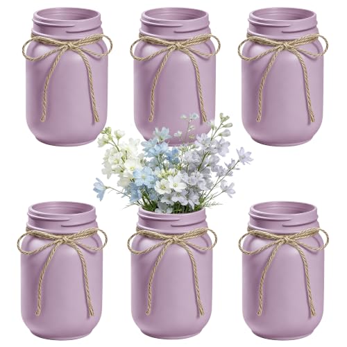 6Pcs Purple Mason Jar Glass Flower Vases for Centerpieces | Farmhouse Rustic Decorative Vases with Twine, Wedding & Home Table Decor, Multi-Purpose Vase Bulk, Floral Arrangements - color: Purple