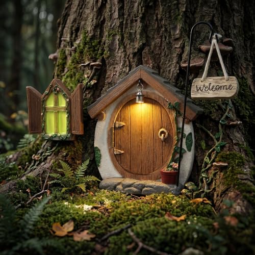 Fairy Doors for Trees with Light, Fairy Garden Accessories for Outdoor Decor, Fairy Garden Houses Kit for Front Porch Patio Backyard Yard Outside Decoration, Birthday Gifts for Women Families Friends - color: Brown