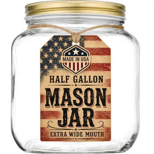 kitchentoolz Half Gallon Mason Jar Wide Mouth with Airtight Metal Lid - Safe for Fermenting, Pickling, Sourdough & Kombucha - Glass 64 oz Mason Jar - Made in USA - BPA Free - color: Gold Lid