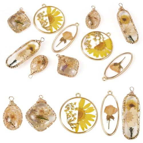 Natural Dried Pressed Flower Charms Geometric Shape Dried Flower Resin Charms Epoxy Resin Floral Pendants for DIY Crafts Necklace Earring Keychain Jewelry Making - color: Yellow