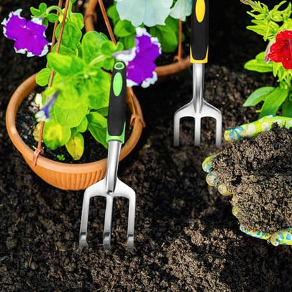Yaocom 12 Pcs Hand Rake Garden Tool Mini Rake Heavy Duty Garden Cultivator 11 Inches Small Rake for Gardening Aluminum Alloy Hand Tiller with Soft TPR Handle for Digging Weeding Loosening Soil - color: Yellow, Green, style: 3-tine Rake