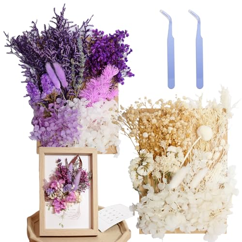 2 PackReal Dried Flowers for Resin, Natural Pressed Flowers | Natural mixed dried flower pack with tweezers for DIY resin,crafts& candles (White Purple). - color: White Purple
