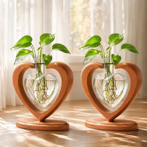 2Pack Plant Propagation Station, Heart Glass Vase & Wooden Stand | Rooting Vase for Cuttings, Plant Terrarium, Air Plant Holder, Plant Lovers Mom Wife Gift, Home Office Wedding Tabletop Decor - color: 2 Pack