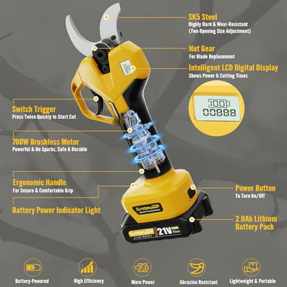 21V Brushless Cordless Electric Pruning Shears Max 2" Cutting | with 2 x 2.0Ah Batteries & Charger & Storage Case, 2 Cutting Modes, LCD Display, for Orchard Garden Tree Bush Branch Trimming