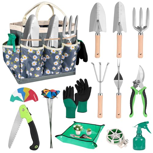 62-Piece Heavy-Duty Garden Tool Set, Complete Garden Tool Kit with Stainless Steel Shovel, Repotting Mat, Pruning Shear&Durable Gardening Tool Bag, Gardening Gift Set—Ideal Gift for Women/Men/Beginner