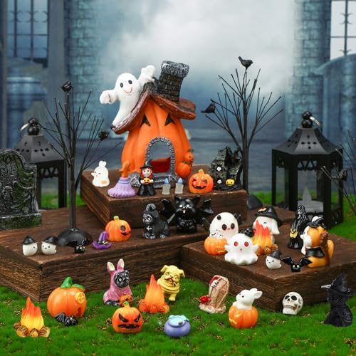Poen 36 Pcs Halloween Miniature Figurine Resin Halloween Garden Accessories | Pumpkin Ghosts Tombstones, Resin Figurines for Fairy Garden， Mini Ornament Kit， Village Desktop, Table Centerpiece Kit