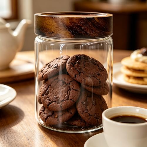 Airtight Glass Jar with Lid Food Storage Container with Screw On Acacia wood top storage Canister for Cookie, Cereal, candy, coffee beans, dry fruits storing Cylindrical Glass body 1000ml 34oz - size: 1000ml Cylinder