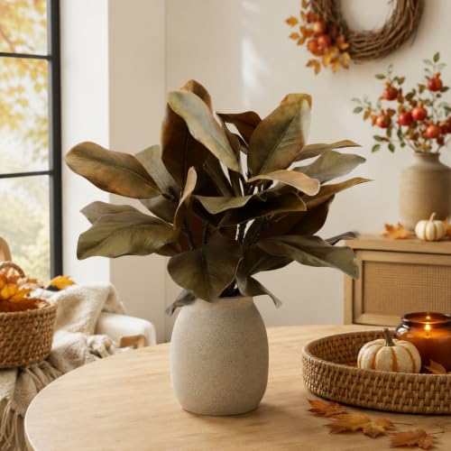 4 Pcs Fall Magnolia Silk Leaves Branches 22 Inch 3D Real Touch Autumn Faux Magnolia Stems Fake Brown Leaves Twigs for Indoor Outdoor Vase Filling Home Wedding Decoration - color: (A) 4 Pcs 22inch Brown