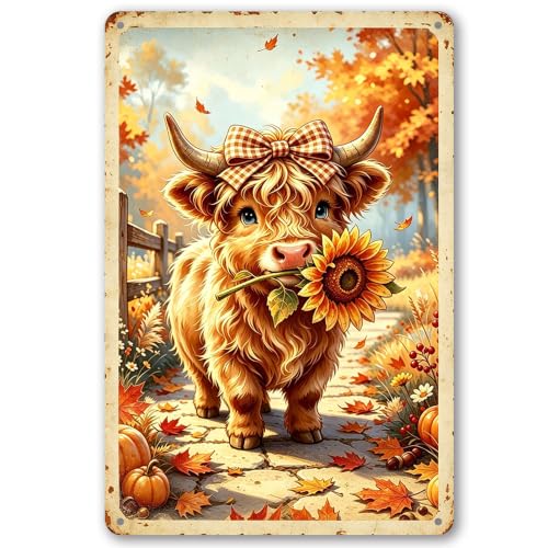 Fall Pumpkin Metal Signs, Vintage Highland Cow Decor 8x12 Inch | Waterproof Autumn Wall Art for Home Farm Yard Patio Garden, Thanksgiving Friendsgiving Decorations Gifts - color: Highland Cow