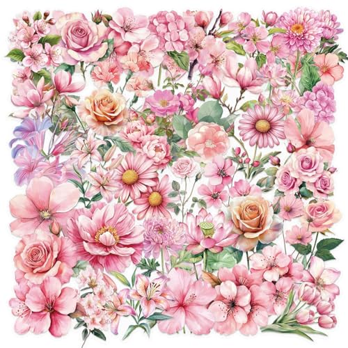 Pink Floral Waterproof Stickers for Scrapbooking – 50pcs Transparent Flower Decals for Journaling, Planner, Cardmaking, Laptops, Mug Decoration - color: Pink Floral