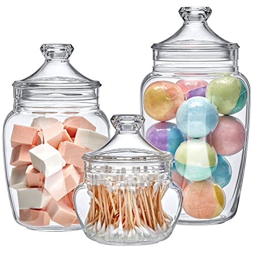 Amazing Abby - Embrace - Plastic Bathroom Canisters (3-Piece Set, 60/42/24 oz) (NOT Glass), Acrylic Apothecary Jars for Vanity, BPA-Free and Shatter-Proof, Great for Cotton Balls and Bath Sponges