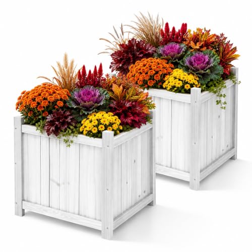 2-Pack 16" White Fir Wood Square Planter Boxes with Drainage Holes | Set of 2 whitewashed fir wood planters with removable bases, liners, and drainage holes for porch, patio, or garden - color: Square Planter Boxes-whitewashed Color