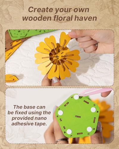 Kaayee 3D Wooden Flower Puzzles Sunflower, Wood Flowers Craft for Adults | Forever Flower Kit Set DIY Crafts to Build, Mother's Day/Botanical Collection/Ideal Creative Gift Ideas/Housewarming 83 PCS - color: Sunflower