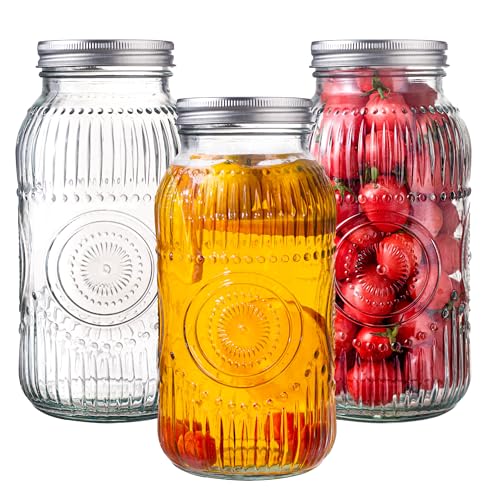 Amzcku 64oz vintage Mason Jars with Lids, Wide Mouth 2 Quart Canning Jar Half Gallon, Safe For Storage, Canning, Pickling, Preserving, Fermenting, DIY Crafts & Decor 3 Pack - size: 64OZ 3Pack