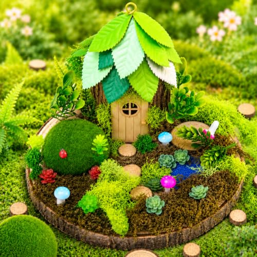 Threehoney 2 Sets DIY Fairy Garden Kits Wooden Fairy House Craft Kit Make Your Own Mini Nature Garden Building Set with Base and Decorations for Craft Enthusiasts Creative Activity Birthday Gift