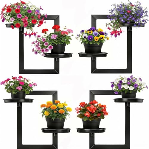 2 Tier Wall Mounted Plant Shelf, Rustproof Iron Hanging Plant Holder, Matte Black Wall Planter Rack Fit 3-5.5 Inch Pots for Home Living Room Balcony Decor 4-Pack