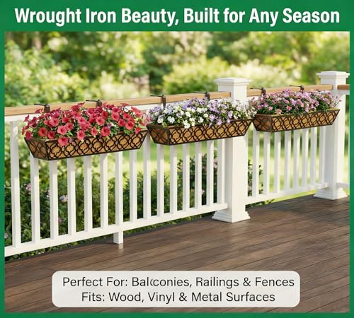 Y&M 4-Pack 30 Inch Railing Planter Boxes 24 Inch 2 Pack, Hanging Balcony Planter, Adjustable Deck Railing Planter Box, Metal Window Boxes Outdoor for Fence, Porch Flower Pots Holder - color: 30inchflo4pcs