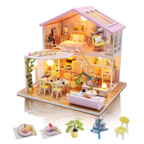 GuDoQi DIY Miniature Dollhouse Kit, Tiny House kit with Furniture and Music, Miniature House Kit 1:24 Scale, Great Handmade Gift for Birthday Christmas Day, Sweet Time House - color: Multicolored a