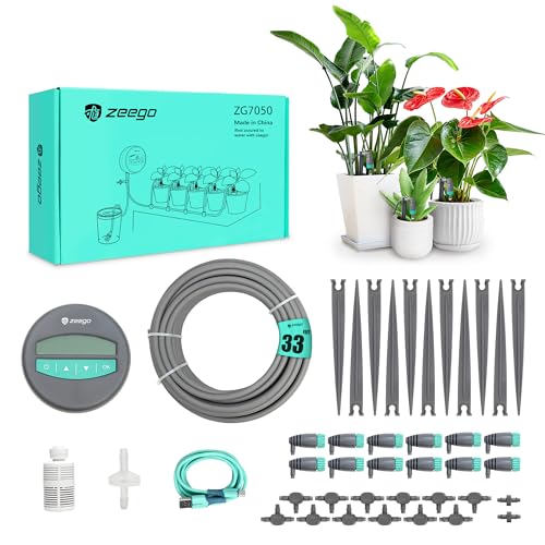 ZEEGO Automatic Plant Waterer for Up to 10 Potted Plants, No Faucet Required Drip Irrigation System, Battery or AC Powered Automatic Watering System for Indoor & Outdoor Gardens, Vacation Plant Care - size: 7050-pipe33in